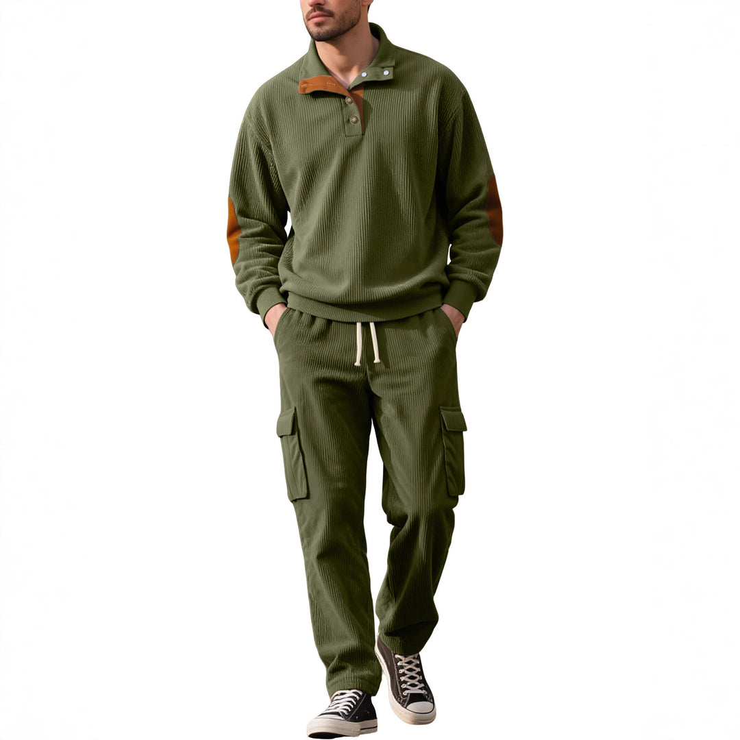 Herren nan strukturierter Troyer-Pullover mit Stehkragen Druckknopfleiste und Velours-Ellenbogenpatch Echo Archiv