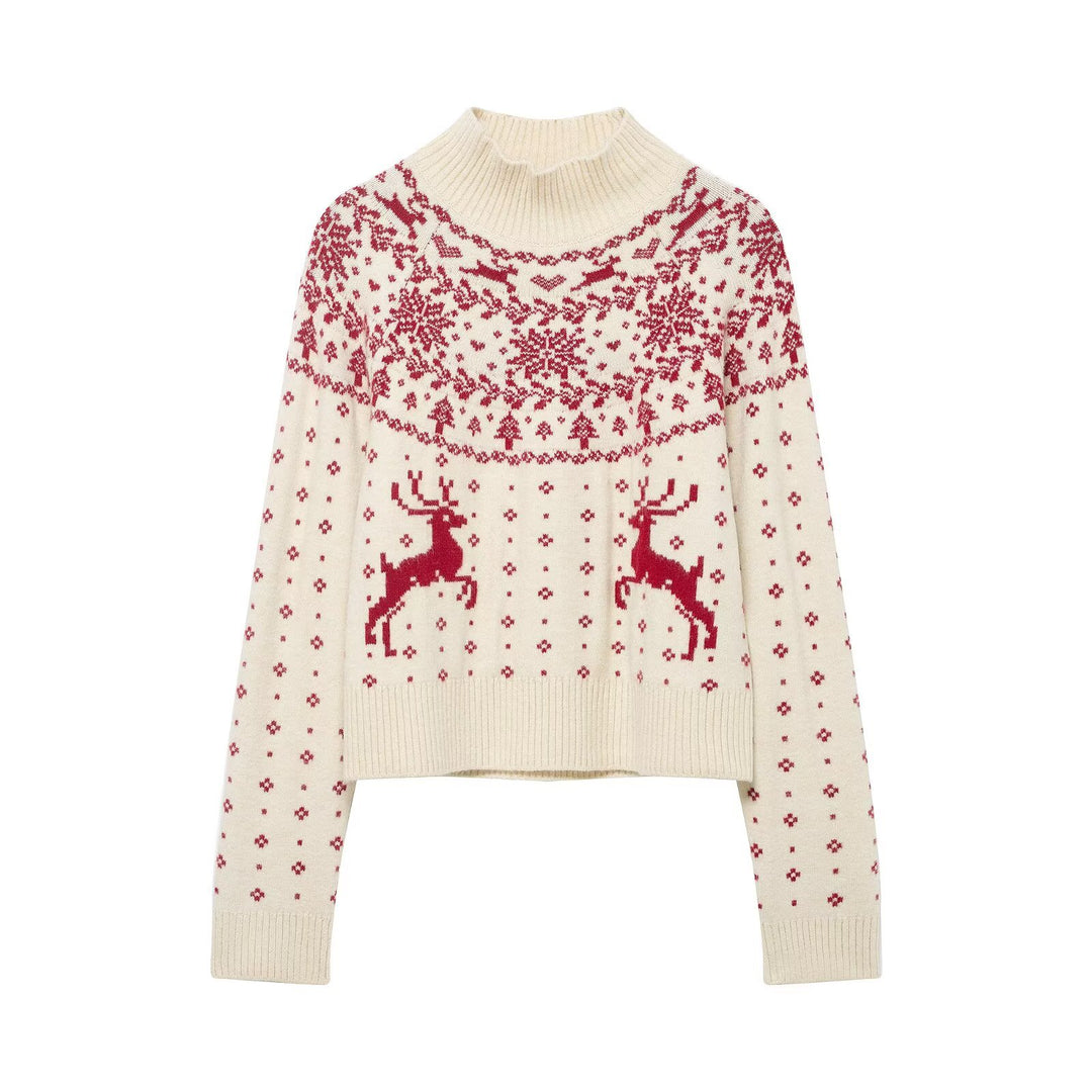 Damen kurzer Norwegerstrickpullover mit hohem Rippkragen und Rentiermotiv Echoarchiv