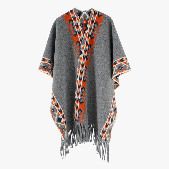 Damen Poncho‑Überwurf mit Ethno-Jacquard und Fransensaum Echo Archiv