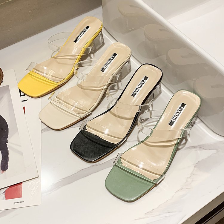 Damen Transparente Slide-Sandalen mit einzigartigem Blockabsatz Echoarchiv