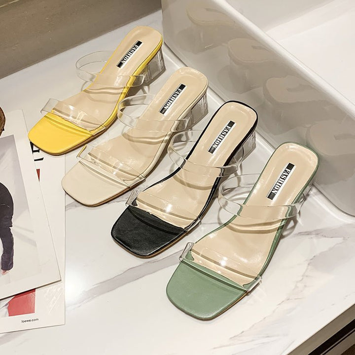 Damen Transparente Slide-Sandalen mit einzigartigem Blockabsatz Echoarchiv