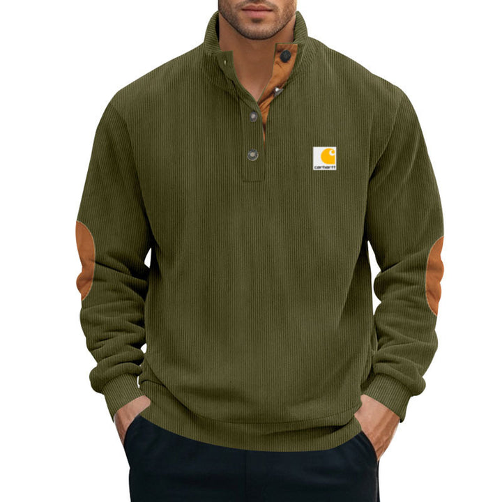 Herren nan Strickpullover im Troyer-Stil mit Stehkragen Lederbesatz Druckknopfleiste und Ellbogen-Patches Echo Archiv
