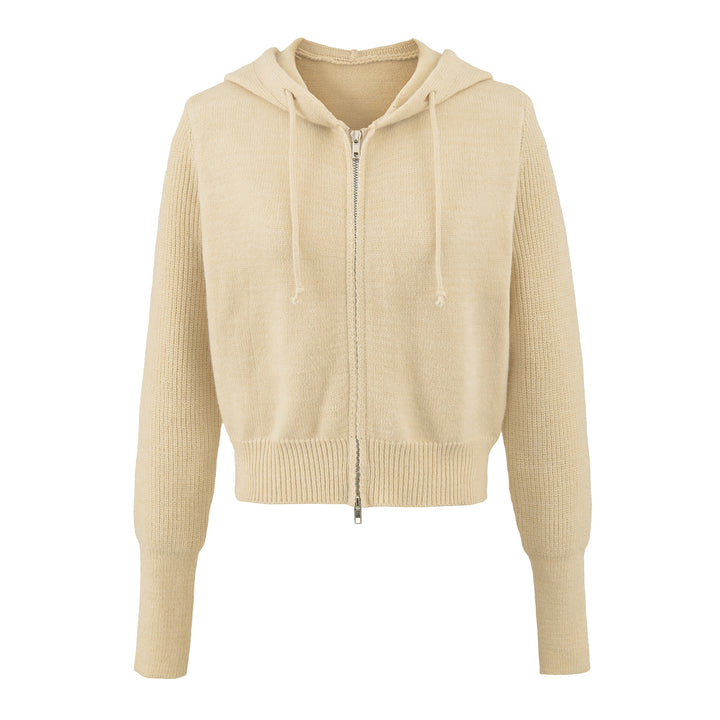 Damen Kurze Kapuzen-Strickjacke mit Reißverschluss und tailliertem Rippenbund Echoarchiv