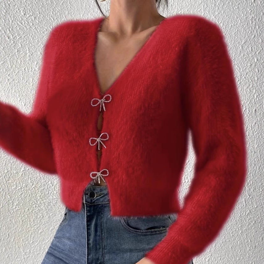 Damen Flauschiger Cropped-Cardigan mit V-Ausschnitt und Schleifen‑Verschlüssen – Veloura