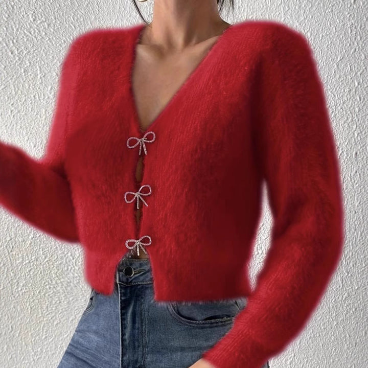 Damen Flauschiger Cropped-Cardigan mit V-Ausschnitt und Schleifen‑Verschlüssen – Veloura
