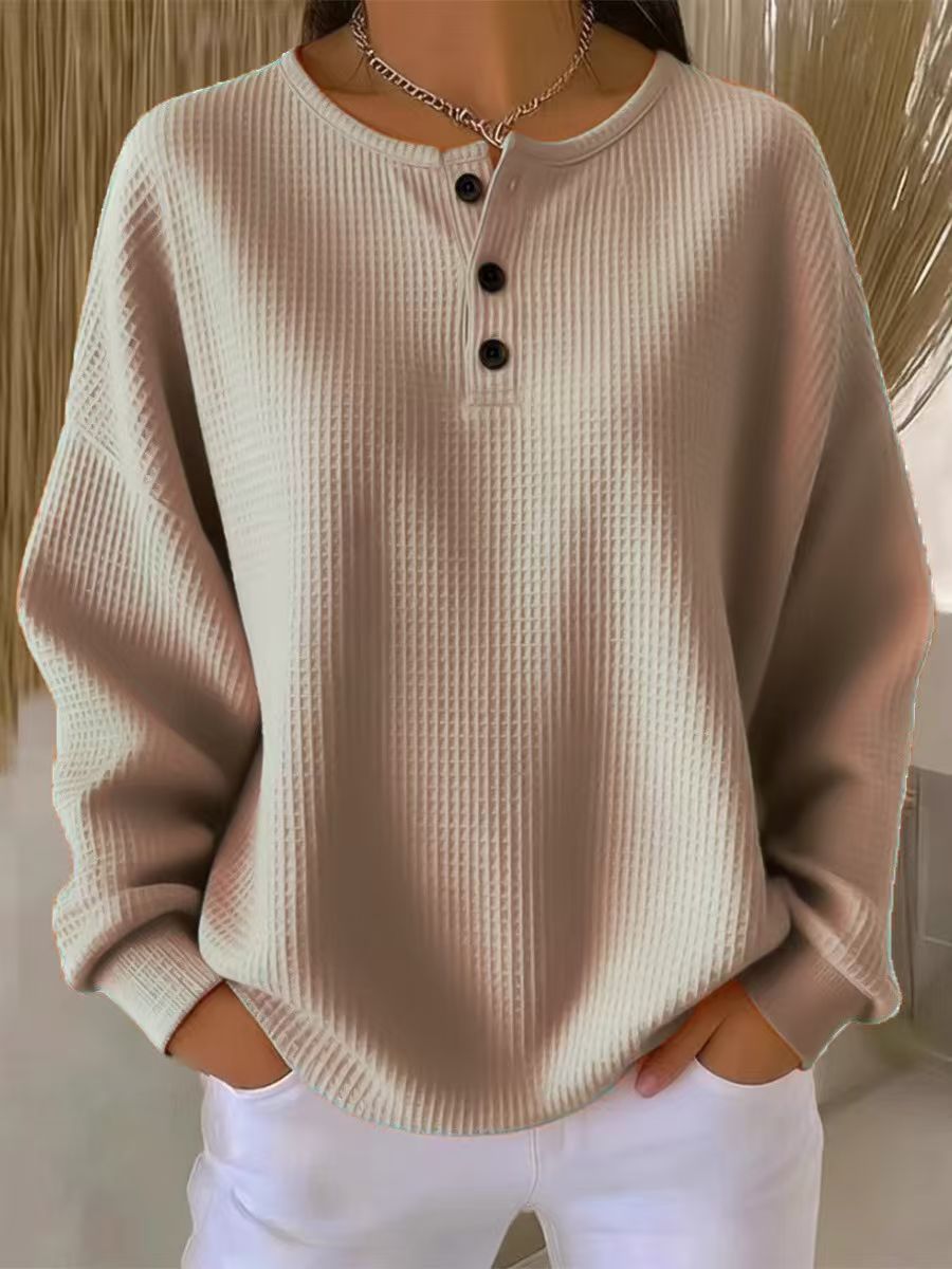 Damen nan Oversized Waffelstrick Henley-Pullover mit Knopfleiste und abgerundetem Saum Echo Archiv