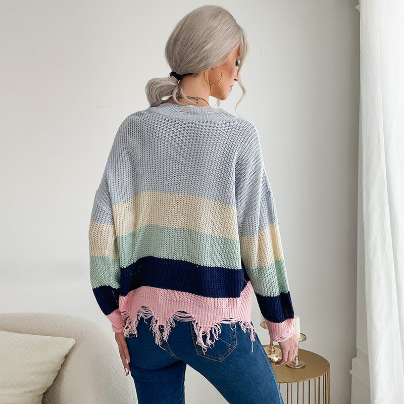 Damen Oversize Strickpullover mit V‑Ausschnitt, Streifenmuster und ausgefranstem Saum Echoarchiv