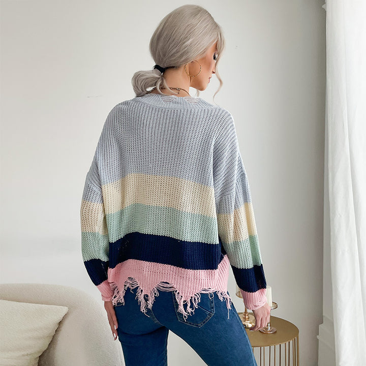 Damen Oversize Strickpullover mit V‑Ausschnitt, Streifenmuster und ausgefranstem Saum Echoarchiv
