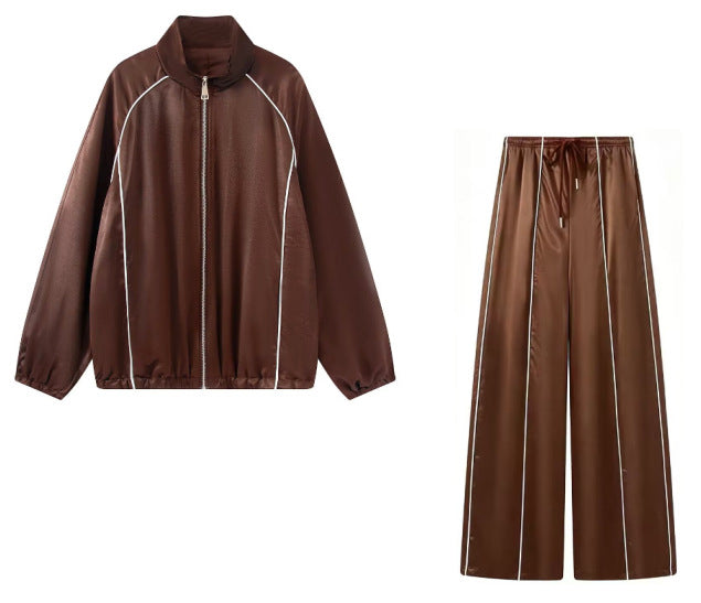 Damen Zweiteiliges Satin-Trainingsset mit Reißverschlussjacke und weitem Trackpant Echoarchiv
