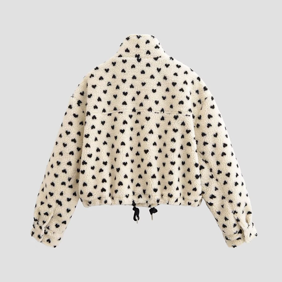 Damen Teddyjacke mit Stehkragen, Herzchen-Allover und Kordelzugsaum Echo Archiv