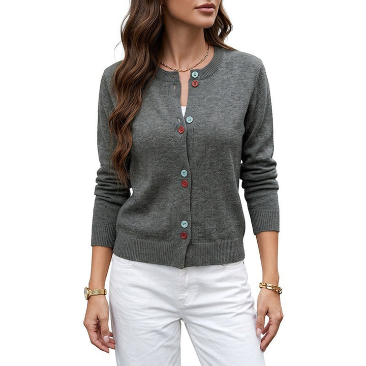 Damen Feinstrick-Cardigan mit kontrastfarbenen Knöpfen und rundem Ausschnitt Echoarchiv