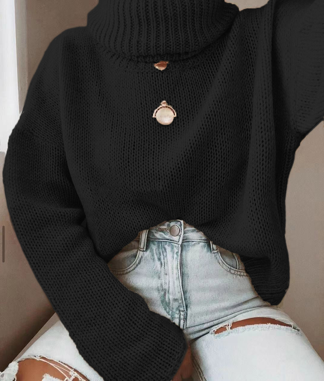 Damen Oversize Rollkragenpullover grobgestrickt mit weitem Schnitt Echoarchiv