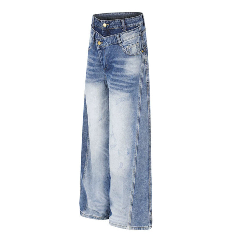 Damen Jeanshose mit weitem Culotte‑Schnitt, asymmetrischem Doppelbund und Kontrast-Seitenbahnen Echoarchiv
