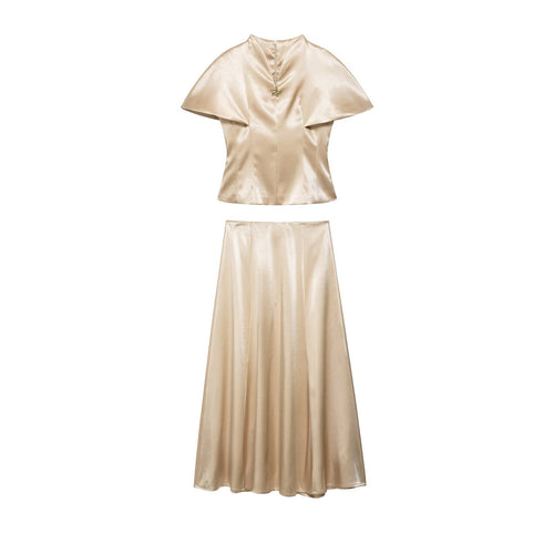 Damen Zweiteiliges Satin-Set mit Cape-Top und fließendem A-Linien-Rock Echo Archiv