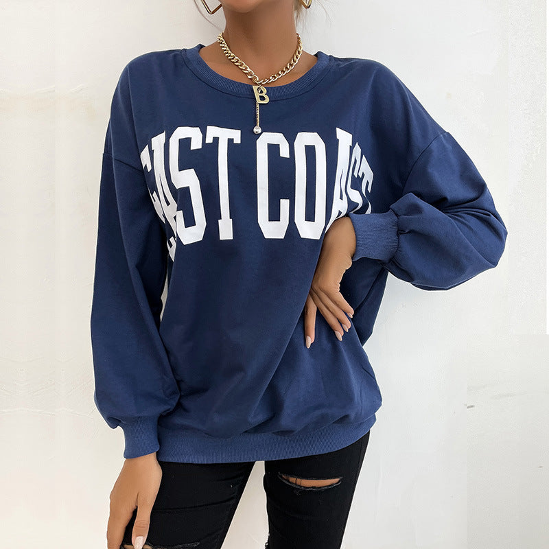 Damen Lockeres Rundhals-Sweatshirt im Collegestyle mit Blockschrift-Print und geripptem Saum Echoarchiv
