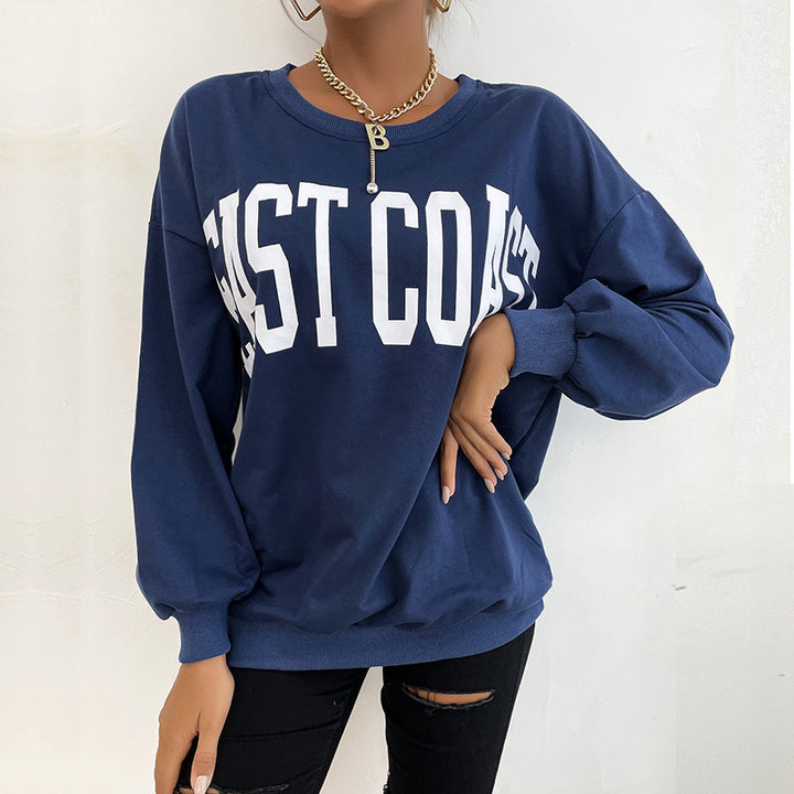 Damen Lockeres Rundhals-Sweatshirt im Collegestyle mit Blockschrift-Print und geripptem Saum Echoarchiv