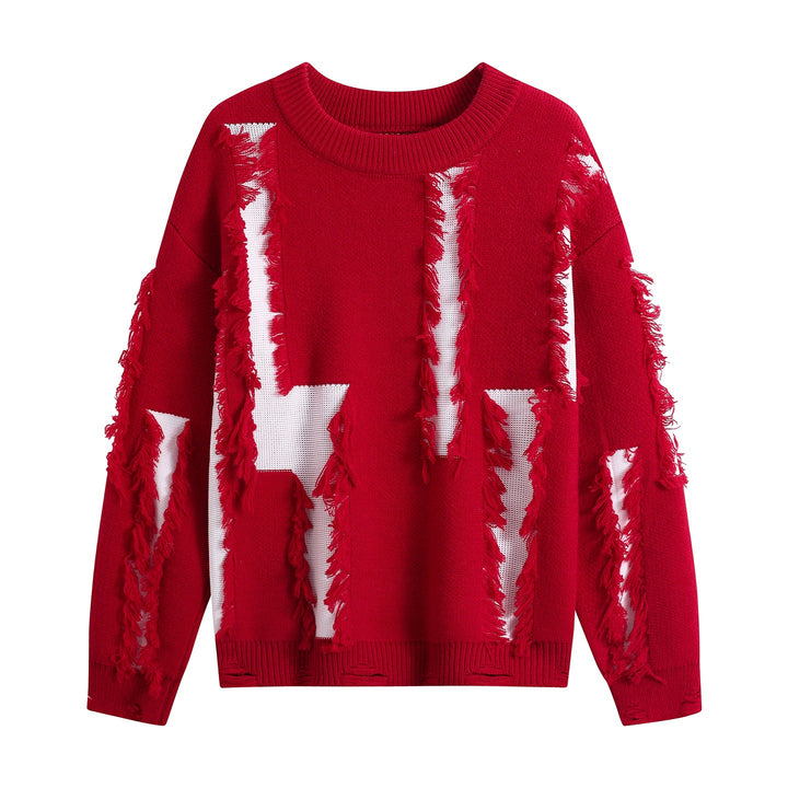 Damen Oversize Strickpullover mit Fransenapplikationen und Destroy-Look Echoarchiv