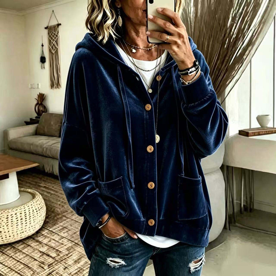 Damen Oversize Kapuzen-Samtjacke mit Knopfleiste und aufgesetzten Taschen Echoarchiv