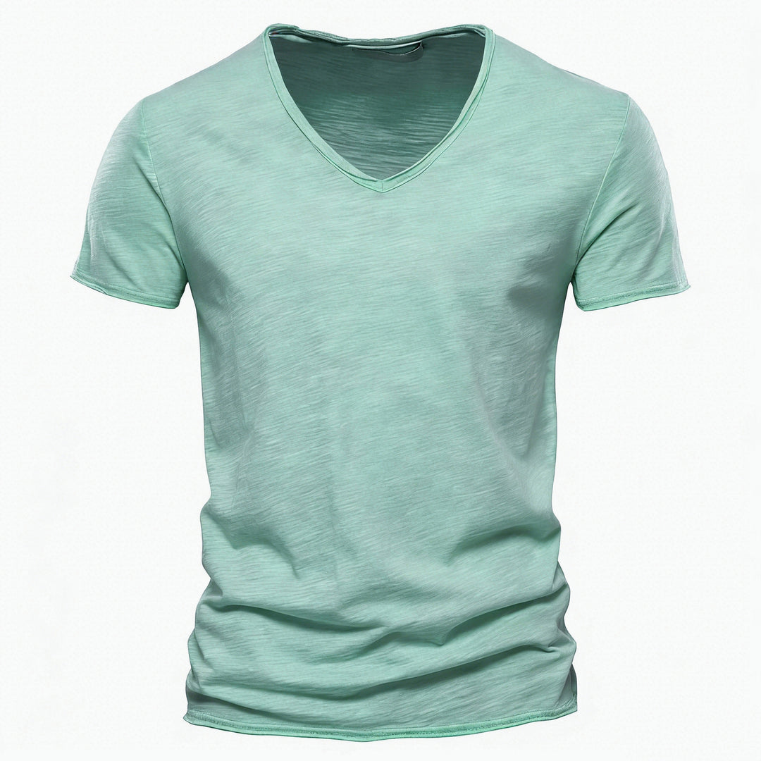 Herren nan leichtes Baumwolljersey Kurzarmshirt mit V-Ausschnitt und schmaler Passform Echo Archiv
