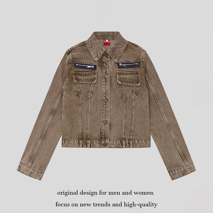 Damen kurze Vintage-Denimjacke mit Brusttaschen, Reißverschluss-Detail und Knopfleiste Echoarchiv