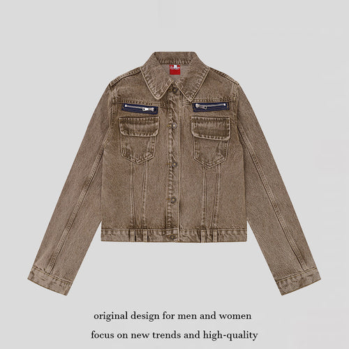 Damen kurze Vintage-Denimjacke mit Brusttaschen, Reißverschluss-Detail und Knopfleiste Echoarchiv