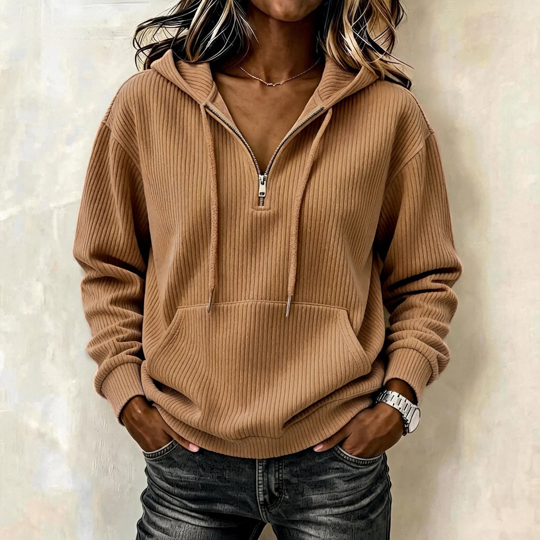 Damen Gestrickter Ripp-Hoodie mit halbem Reißverschluss, Kängurutasche und Oversize-Schnitt Echoarchiv