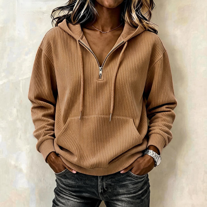 Damen Gestrickter Ripp-Hoodie mit halbem Reißverschluss, Kängurutasche und Oversize-Schnitt Echoarchiv