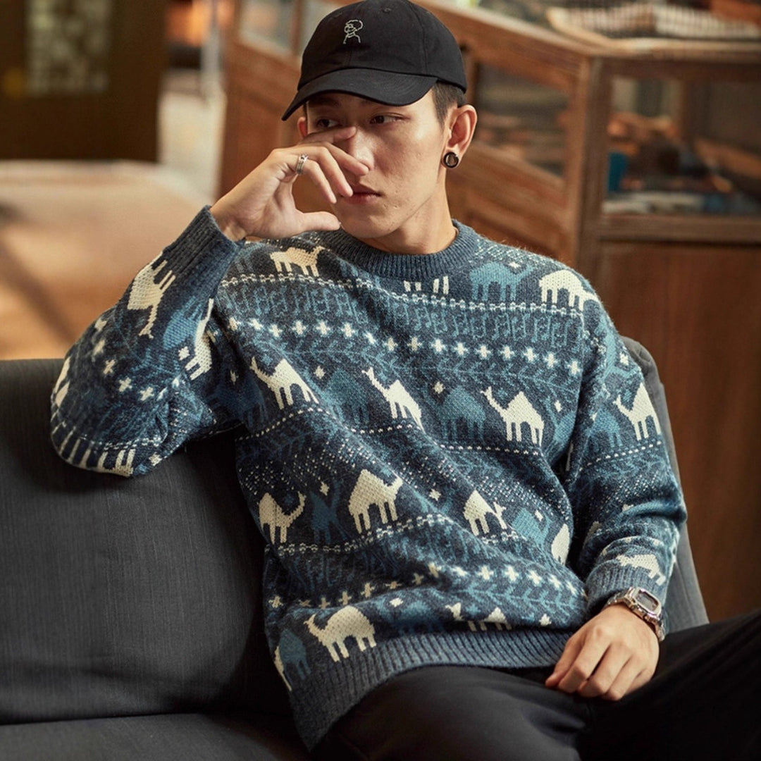 Herren Strickpullover mit Kamel-Jacquardmuster und geripptem Saum Echoarchiv