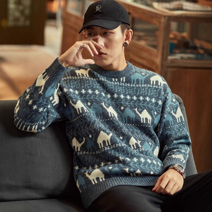 Herren Strickpullover mit Kamel-Jacquardmuster und geripptem Saum Echoarchiv