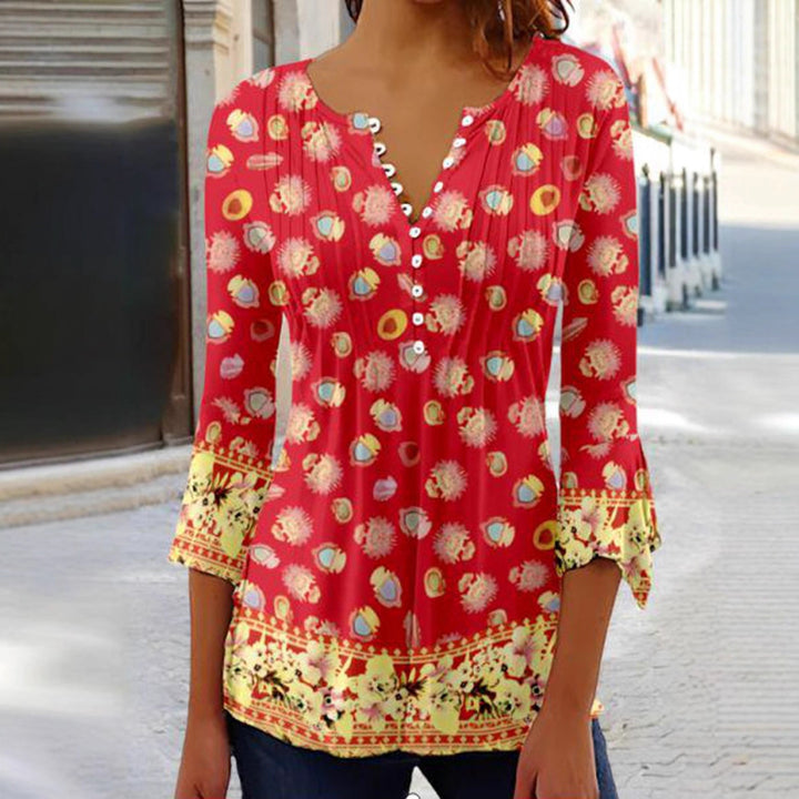 Damen nan leichte Boho-Bluse mit V-Ausschnitt, Zierfalten, Knopfleiste und dreiviertelärmeln Echo Archiv