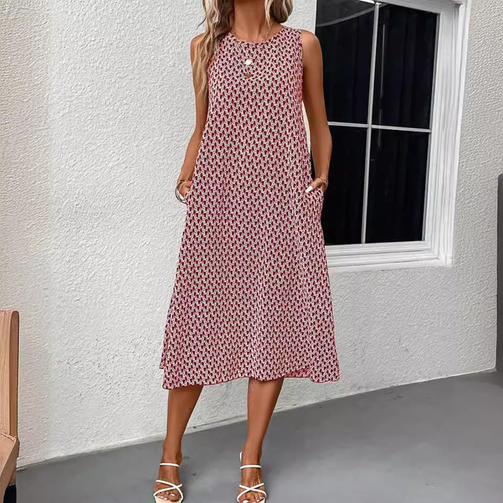 Damen nan ärmelloses A-Linien-Midikleid mit Rundhalsausschnitt, seitlichem Beinschlitz und feinem Geometrie-Print Echo Archiv