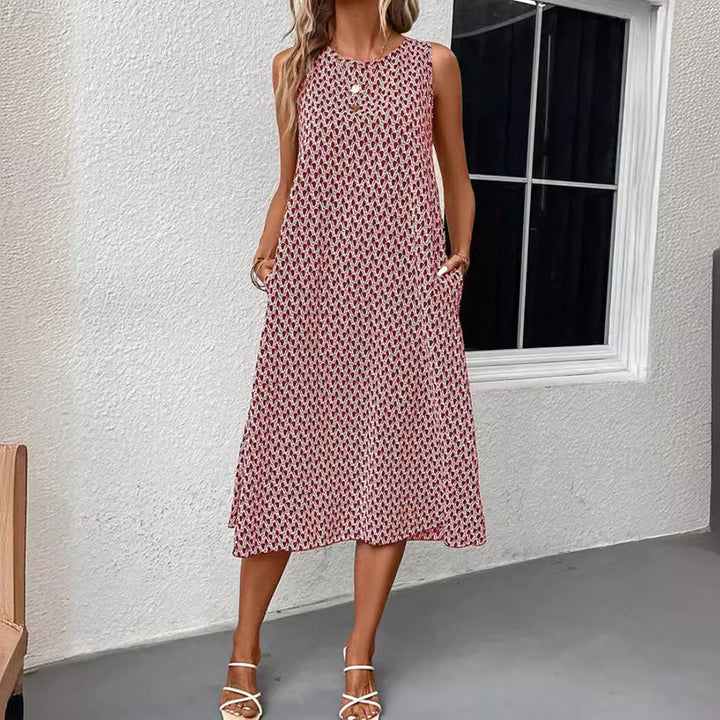 Damen nan ärmelloses A-Linien-Midikleid mit Rundhalsausschnitt, seitlichem Beinschlitz und feinem Geometrie-Print Echo Archiv