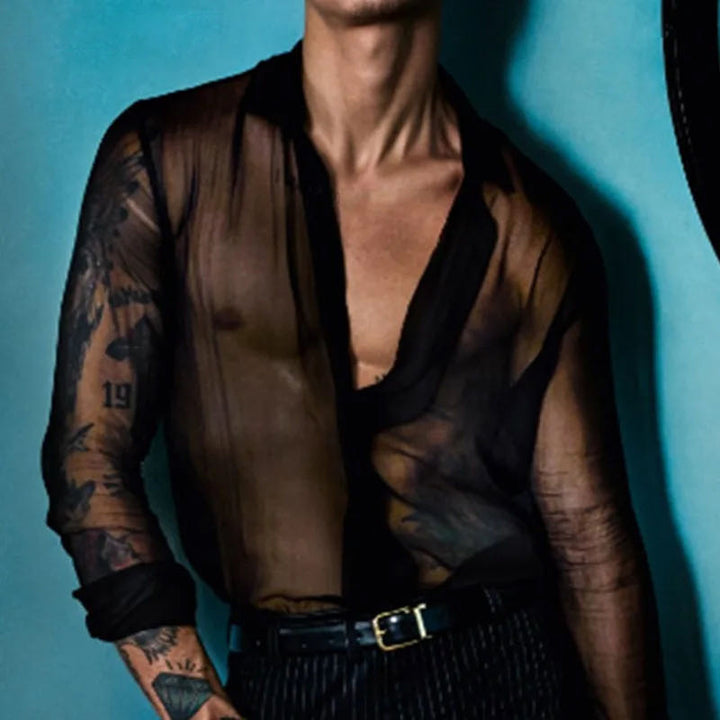 Damen nan semi-transparente Langarm-Chiffonbluse mit Hemdkragen und breiten Manschetten Echo Archiv