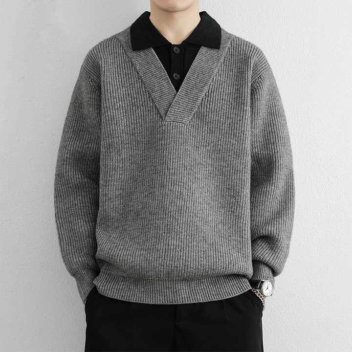 Herren Modischer V-Ausschnitt Pullover mit strukturierten Rippdetails Echoarchiv