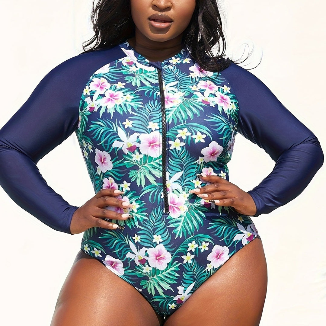 Damen Sportlicher Langarm-Schwimmanzug mit floralem Design Echo Archiv