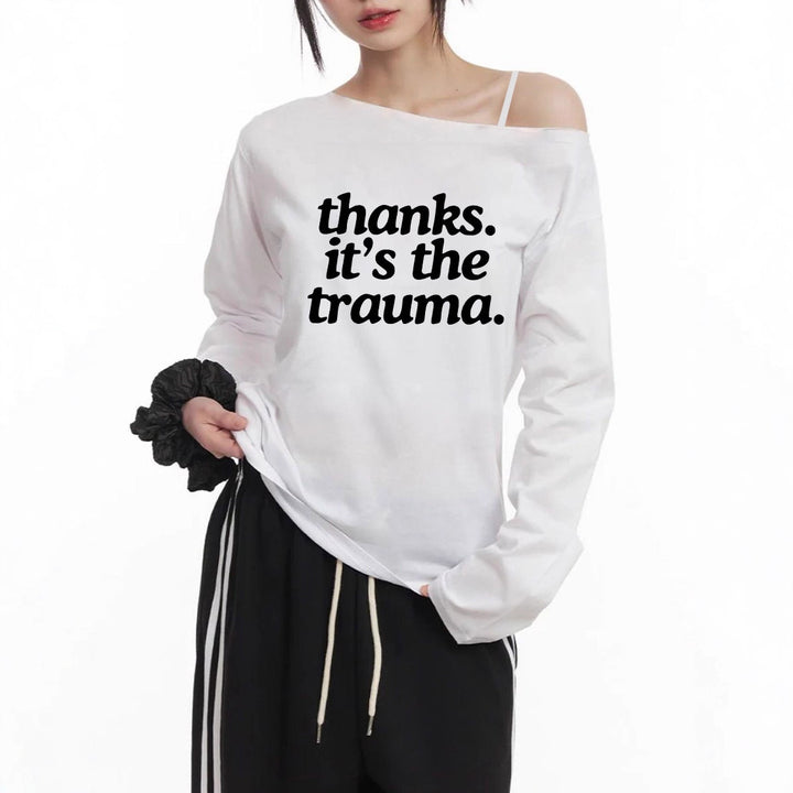 Damen Off-Shoulder Langarm-Cropshirt mit Statement-Print, asymmetrischem Ausschnitt und lockerem Oversize-Schnitt – Avérine