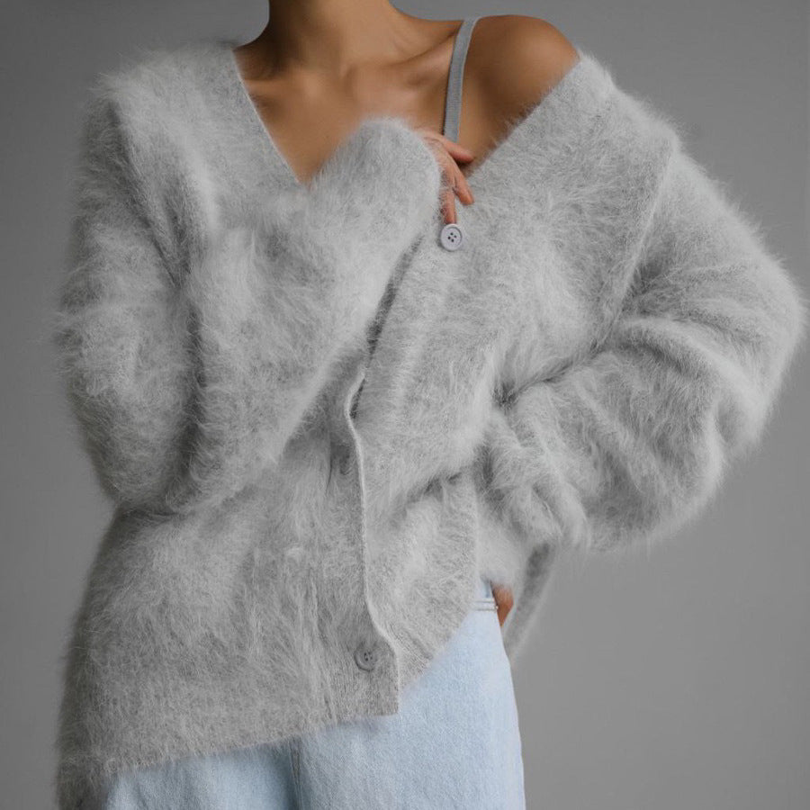 Damen Kuscheliger Oversize-Cardigan aus Teddy-Strick mit tiefem V-Ausschnitt – Veloura
