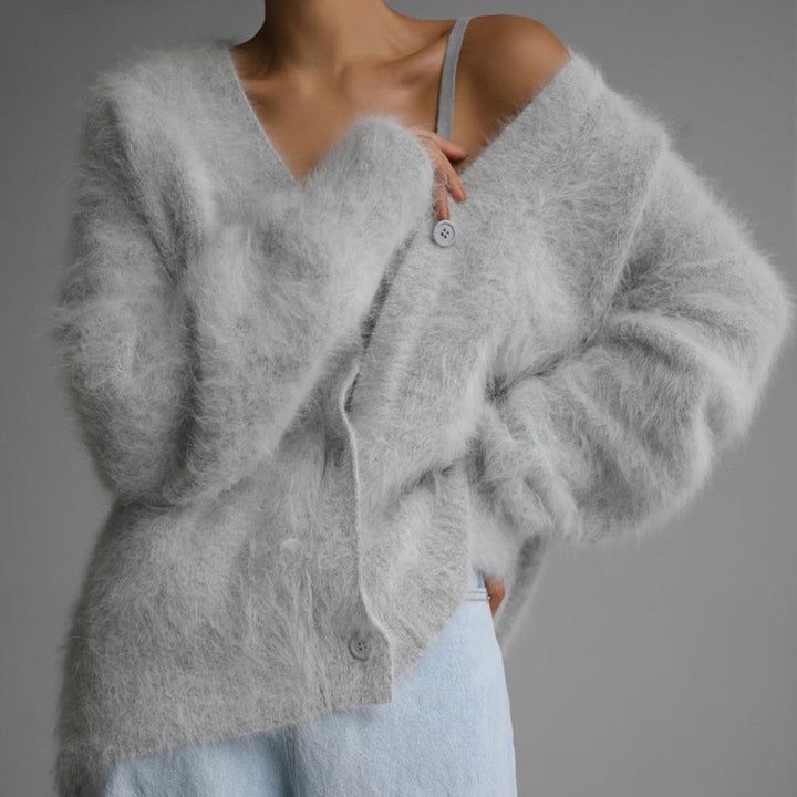 Damen Kuscheliger Oversize-Cardigan aus Teddy-Strick mit tiefem V-Ausschnitt – Veloura