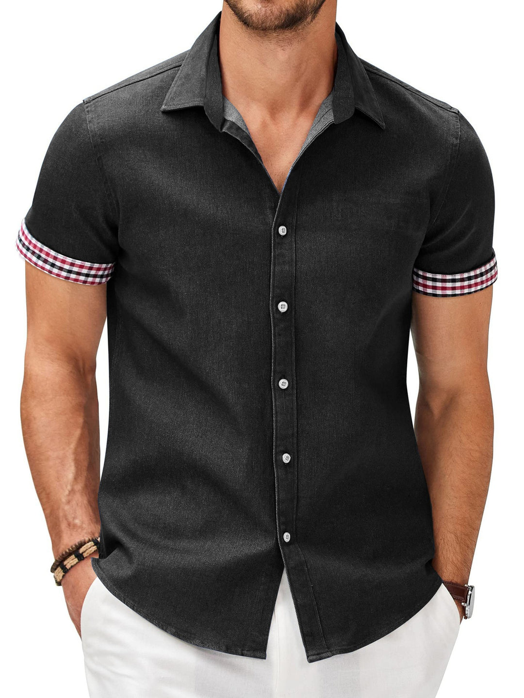 Herren Kurzarmhemd mit modernem Denim-Look und stylischem Karo-Muster Echoarchiv
