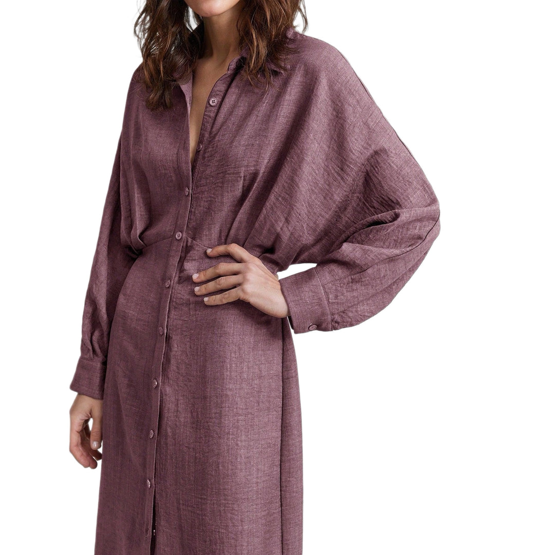 Damen Leinen-Maxikleid mit Hemdkragen, durchgehender Knopfleiste und Fledermausärmeln Echoarchiv