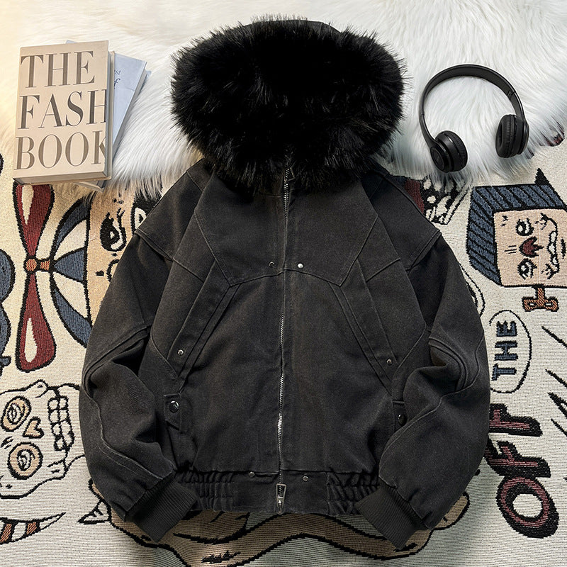 Unisex Wattierte Bomberjacke mit großer Kapuze und Kunstfellbesatz Echoarchiv