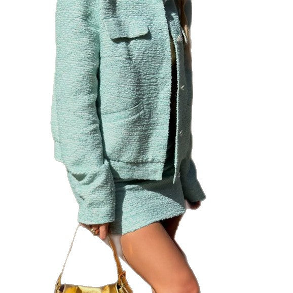 Damen Tweed-Zweiteiler Kurzjacke und Minirock im Bouclé-Stil Echoarchiv