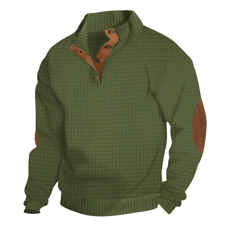 Herren Strukturiertes Waffelstrick-Henleypullover mit Lederbesatz & Ellbogenpatches – Marzano