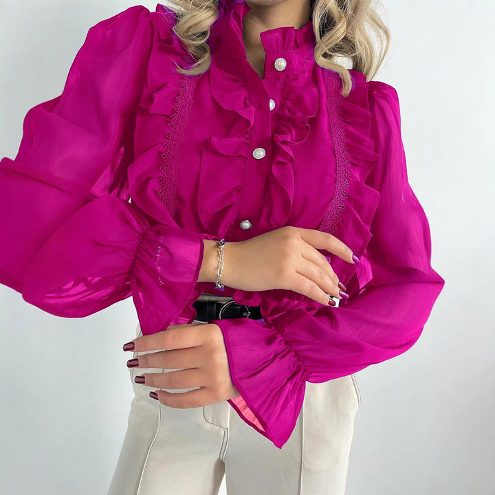 Damen Rüschenbluse aus Chiffon mit Stehkragen und Perlenknöpfen – Élovi