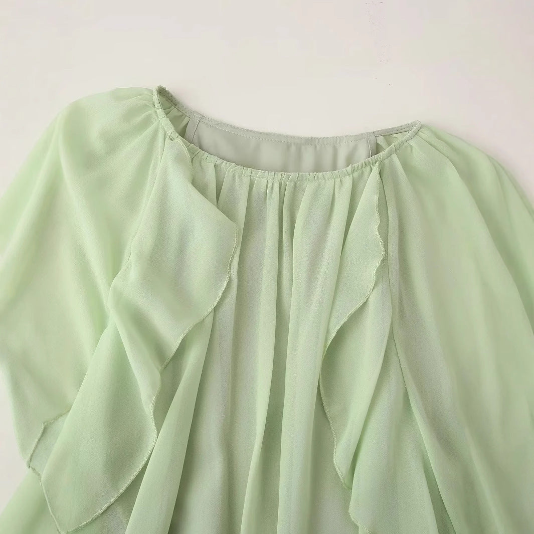 Damen nan fließendes Chiffon‑Midikleid mit Volantbesatz, weitem Glockenärmel und gerafftem Rundhalsausschnitt Echo Archiv