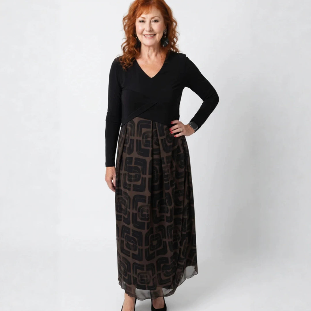 Damen nan V-Ausschnitt Maxikleid mit tailliertem Wickeloberteil und transparentem gemustertem Overlayrock Echo Archiv
