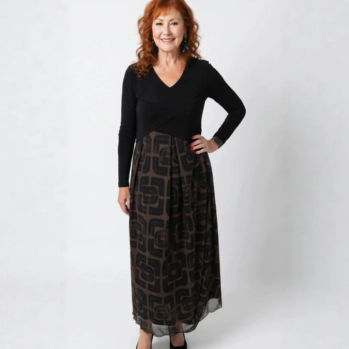 Damen nan V-Ausschnitt Maxikleid mit tailliertem Wickeloberteil und transparentem gemustertem Overlayrock Echo Archiv