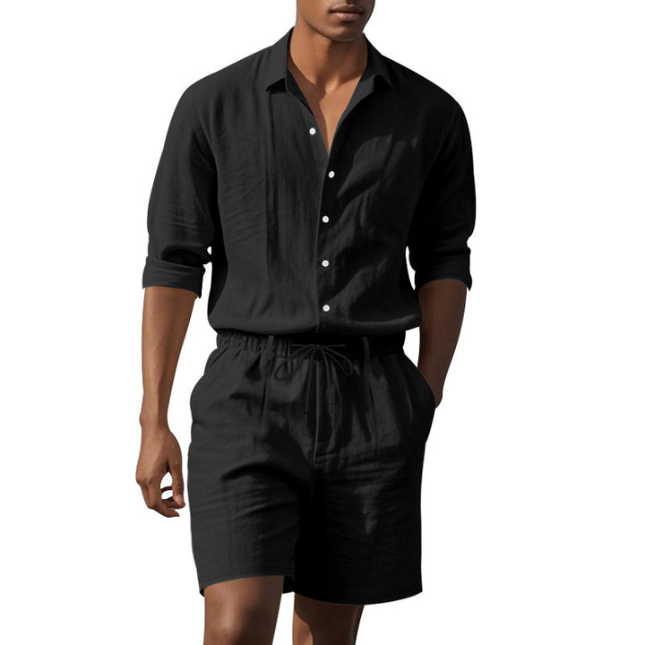 Herren elegantes Kurzarmhemd mit modischem Aufschlagkragen und lässigen Bermuda-Shorts Echoarchiv