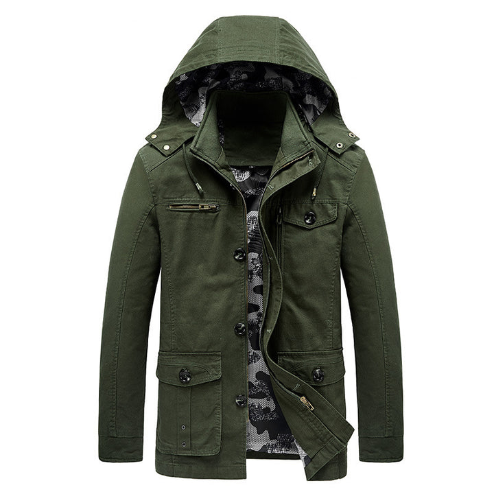 Herren Kapuzen-Canvas-Fieldjacke mit Camouflage-Innenfutter, Multifunktions‑Taschen und Reißverschluss‑Knopfleiste Echoarchiv