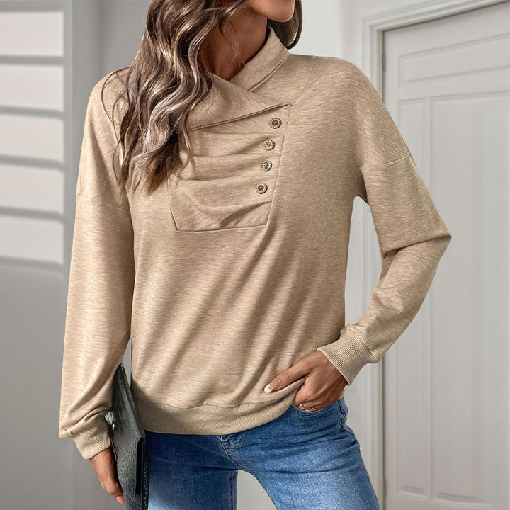 Damen Gekreuzter Stehkragen-Sweatshirt mit Knopfblende und gerippten Bündchen Echoarchiv